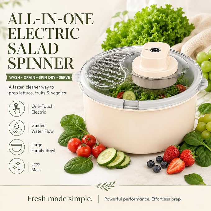 Electric Salad Spinner & Produce Washer, Fruit Washer Spinner Bowl for Lettuce, Berries & Veggies, Vegetable Dryer, Lettuce Spinner, Fruit Cleaner (Cream White)