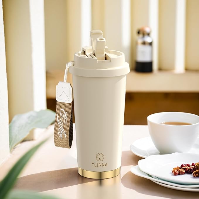 [2-IN-1 LID] Travel Mug,Coffe mug,Coffe cup,Ceramic coating Lined,316 Stainless Steel,BPA Free,Vacuum Insulated Tumbler for Water, Iced Tea or Coffee, Smoothie and More (White, 18 Ounces)