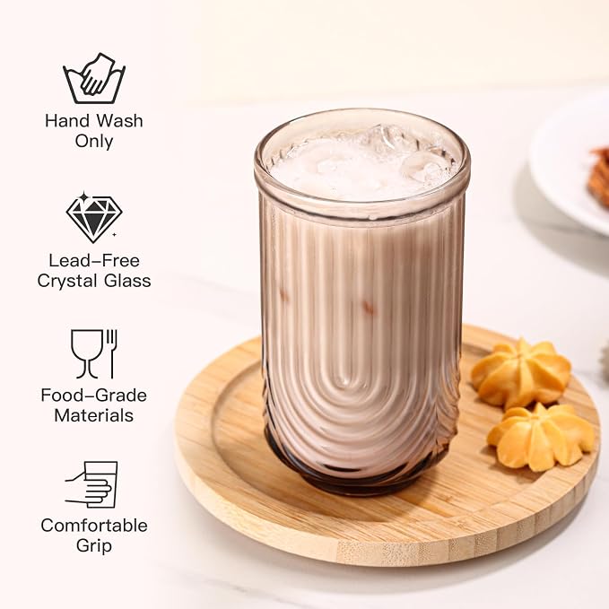 JOVGANK Colored Vintage Glassware Set of 6-17Oz Colorful Water Drinking Glass, Art Deco Ripple Highball Glass, Whiskey Cocktail Glasses, for Bar Ice Coffee Juice, Housewarming Gift