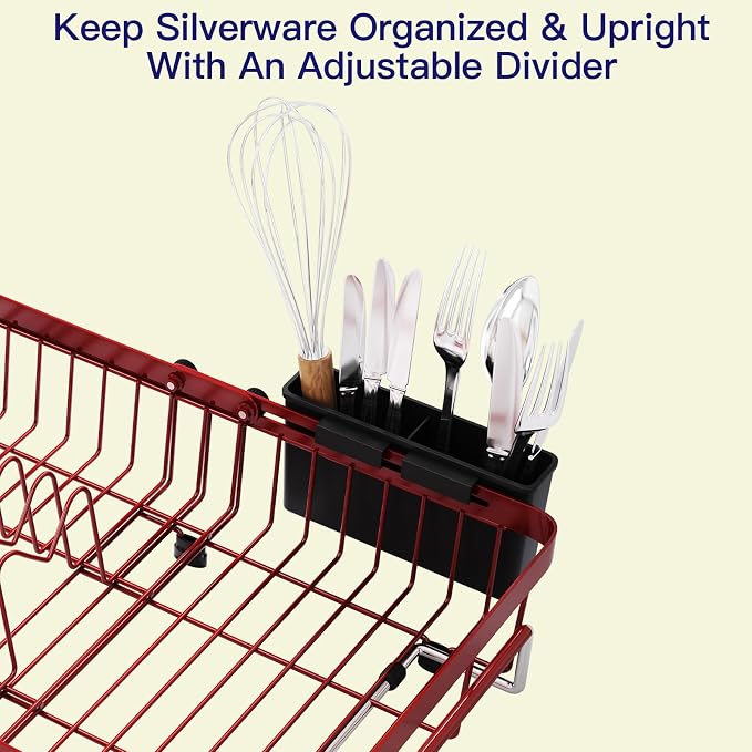 Red Dish Drying Rack Over The Sink with Utensil Holder | Expandable Stainless Steel Dish Drainer for Small Kitchen, Apartment, RV, Counter Space Saving, Perfect Fit, Rustproof