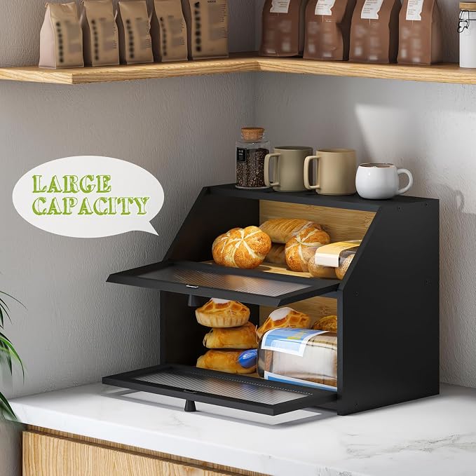 BMOSU Large Double Layer Bread Box for Kitchen Countertop, Bamboo Wood Capacity Bin Storage (Black)