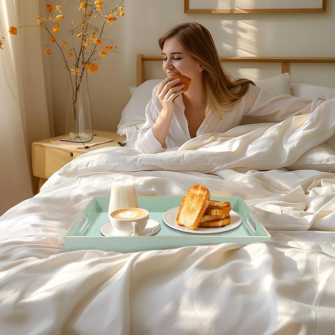 Mint Green Decorative Tray for Ottoman, Serving Tray with Handles | Plastic Melamine Tray, Modern Coffee Table Tray, Rectangle Countertop Organizer Tray for Living Room, 15.8"L x 10.2"W x 1.4"H