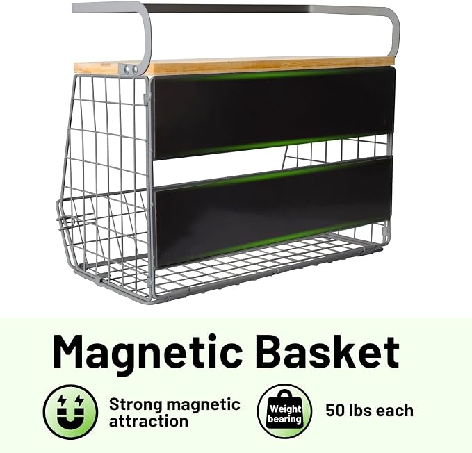 Magnetic Fridge Shelf with Wood Lid, Fruit Potato Onion Storage Bins, Pantry Organizers, Large Container Spice Rack for Refrigerator, Kitchen Counter, Cabinet (2, Silver)
