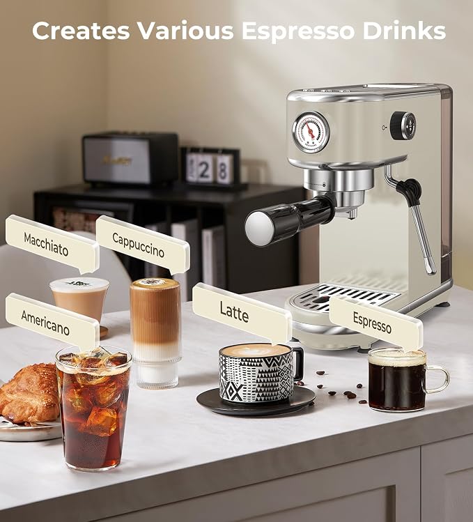atatix 20 Bar Espresso Machine with Milk Frother, Compact Espresso Maker | Stainless Steel Coffee Machine with Precise Temp Control & 44oz Removable Water Tank for Latte, Cappuccino, Light Grey
