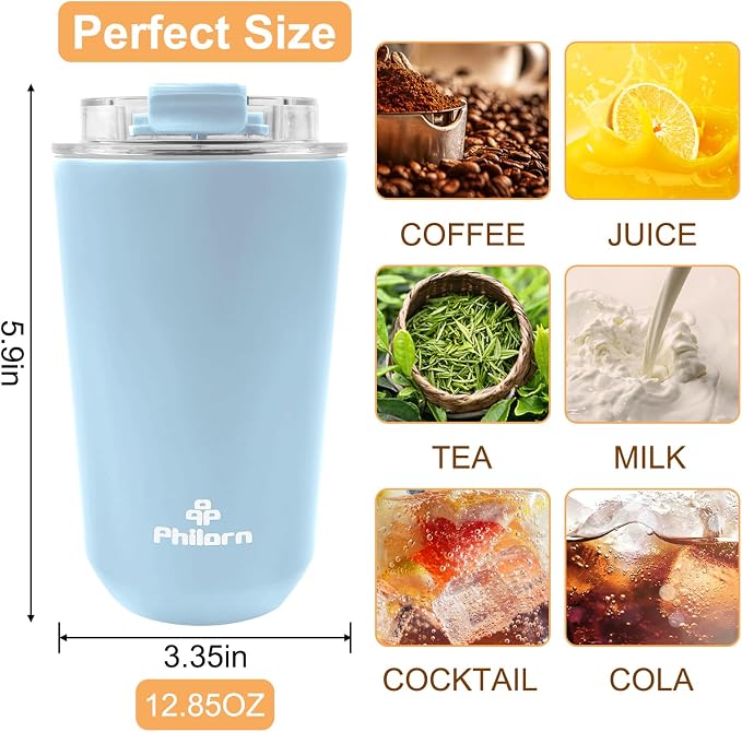 PHILORN Travel Coffee Mug 12 OZ Tumbler, Insulated Coffee Mug with Lid | Coffee Thermos for Hot & Cold Drinks, Leak Proof Coffee Tumbler with Double Wall (LIGHT BLUE)