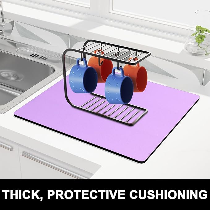 Rnivvi Dish Drying Mat for Kitchen Counter, 16 x 18" Cute Absorbent Heat Resistant Drying Pad with Non-slip Rubber, Coffee Bar Mats for Coffee Machine Dish Rack Kitchen Decor Accessories, Purple