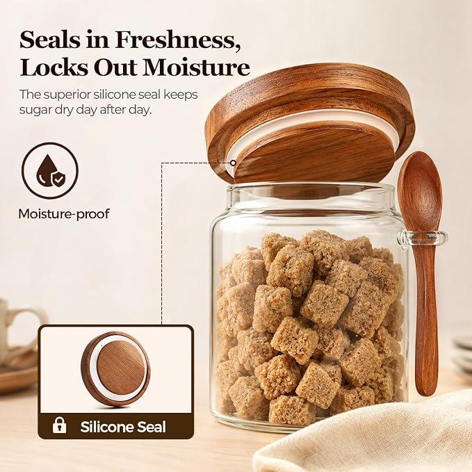 ComSaf Sugar Jars with Acacia wood Lids and Spoons 0.5Qt 2Pack, Decorative | Glass Food Storage Container, Brown Sugar Coffee Tea, Pantry Kitchen Countertop Coffee Bar, Wide Mouth, Canisters with Labels