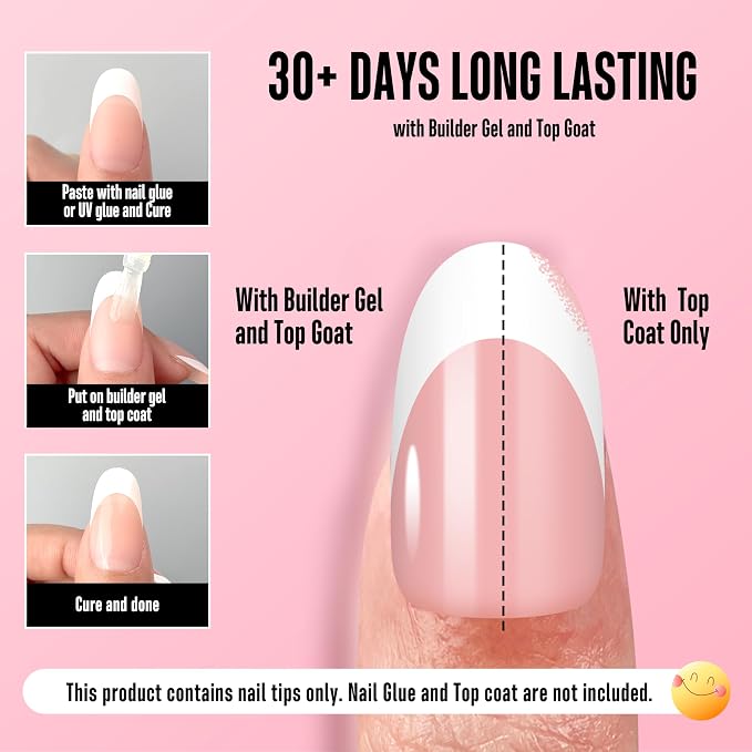 NOVO OVO White French Tip Oval Nail Tips Press on BABY PINK, Extra Thick Medium Soft Gel Fake Nail Acrylic Extension, Need Builder Gel Top Coat, No Glue Included, for Salon DIY x 15 Sizes 240 pcs