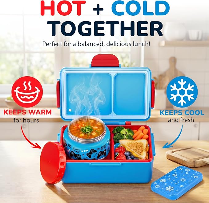 Bento Lunch Box for Kids– Game Console Design with 12oz Insulated Stainless Steel Soup Jar and Built-in Ice Pack, 3-Compartment Leak-Proof Kids Bento Box for Boys Girls School Travel