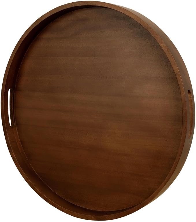 Extra Large Ottoman Tray, 24" Round Black Walnut Wood Serving Tray | Farmhouse Wooden Decorative Tray with Handles, Oversized Coffee Table Tray, Serving Platter Tray for Living Room, Countertop