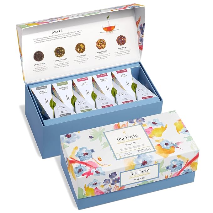 Tea Forte Tea Sampler, 20 Pyramid Infuser Bags, Premium Tea Gift Set | Volare Tea Presentation Box, 4 of Each Blend, Individually Wrapped, Giftable Presentation Box for Tea Lovers