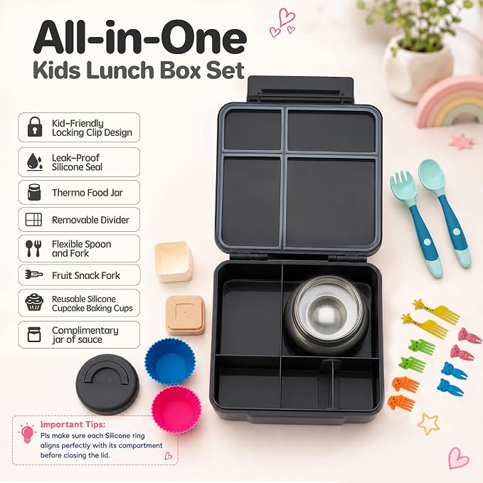 JSLOVE Bento Lunch Box with Leak Proof Thermos Food Jar for Kids, Food Lunch Containers for Boys with 4 Compartments, BPA-Free with Utensils, Food Picks, Sauce Jar & Silicone Lunch Box Dividers