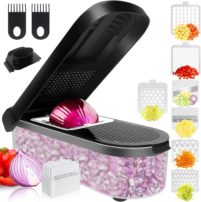 Vegetable Chopper with Container, 10 in 1 Manual Food Chopper Cutter, Black | Multifunctional Sharp Blades Dice, Slice, Shred & Grate for Onions, Salads, Fruit at Home Kitchen for Various Use