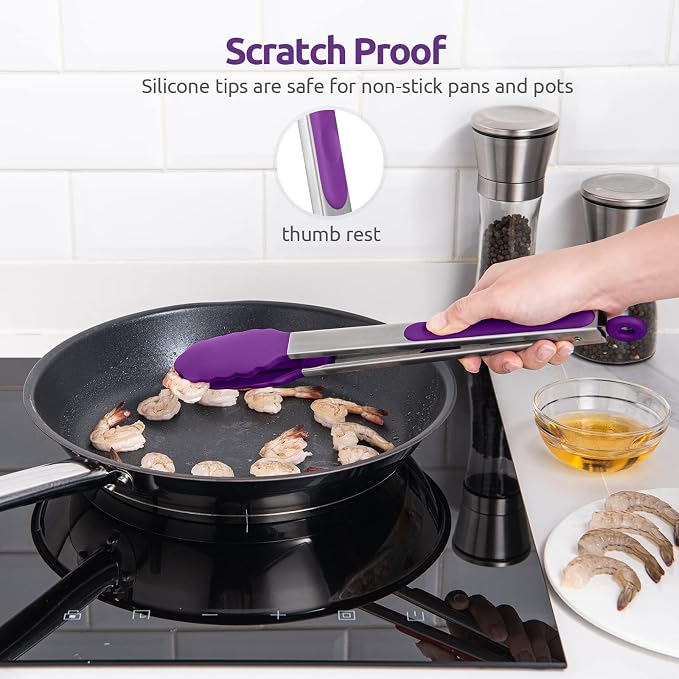U-Taste Kitchen Tong for Cooking, 600ºF Heat-Resistant Tps, 12in/Purple | Large Tongs for Serving Food, Big Rubber Tong for Grill/BBQ, Silicone Tips & 18/8 Stainless Steel Handle, Smooth Locking