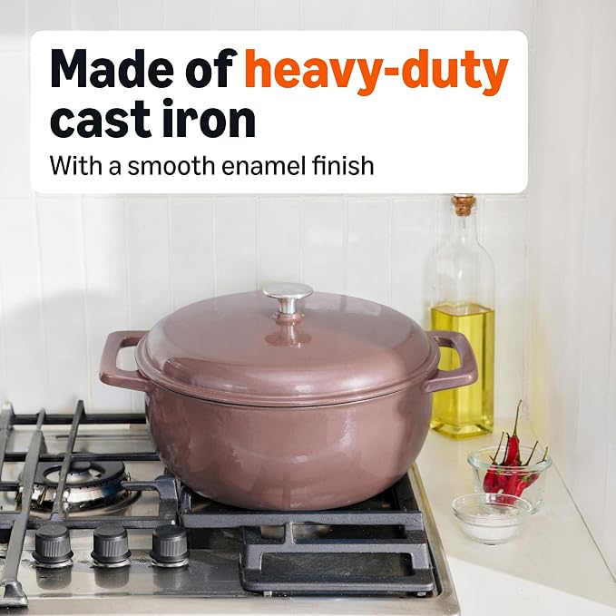 Amazon Basics Cast Iron Dutch Oven Pot with Lid, Enameled, Dual Handles, Heavy-Duty, Small, 4.3-Quart, Clay