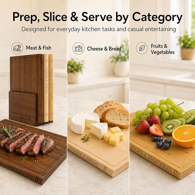Book Shaped Cutting Board Set, 3 Boards, 13 x 10 x 0.8 Inches, Walnut Stand | Natural Maple, Sapele and Bamboo, Food-Safe Wax Oil Finish, Knife-Friendly Surfaces, Upright Display and Gift for Book Lovers