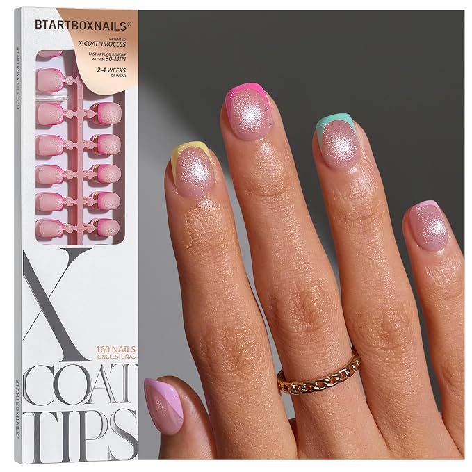 BTArtboxnails XCOATTIPS Pastel French Press On Nails, XS Squoval, Cat Eye | Lamp-Curable 4-Week Wear, Salon Quality Value at Home, Natural Nail Look, Easy-to-Apply for Beginners, 160ct Nail Tips Only