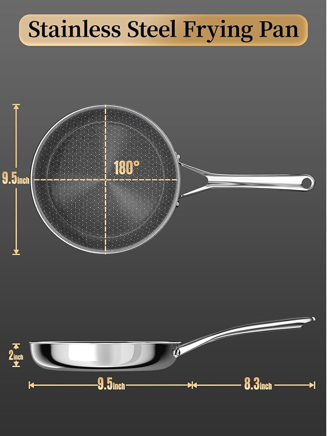 9.5 Inch Non Stick Frying Pans,Ceramic Nonstick Coating Skillet | Stainless Steel, PFAS/PFOA/PTFE-free & non-toxic. Compatible with All Stovetops. Oven & dishwasher safe. Stay cool handle