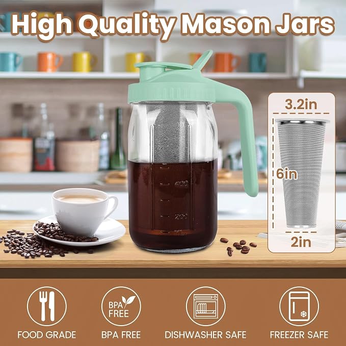 Cold Brew Coffee Maker, 32 oz Mason Jar Pitcher with Stainless Steel Filter, Pour Spout Handle Lid, Heavy Duty Glass Airtight & Leak-Proof for Iced Coffee,Tea & Lemonade