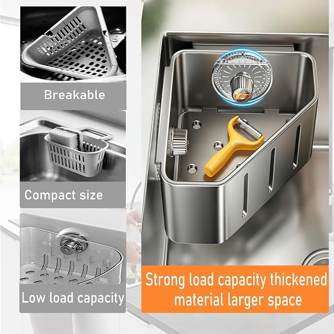 Suction Cup Sink Organizer, Stainless Steel Sink Caddy with Strong Suction Cups That Won't Tip Over, Large Capacity Kitchen Sink Organizer Countertop Space Saver