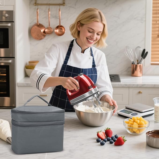 Hand Mixer Case for Kitchen Aid - Immersion Blender Attachments Storage Bag Blender Stick Handheld Carrying Case with Handle Hand Mixer Accessories, Portable Travel Organizer (Bag Only) Gray