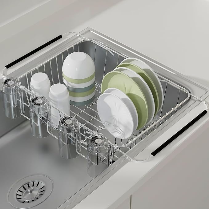 12 Inch, Stainless Steel Cup Drying Rack with 4 Hooks Kitchen Mug Holder | Vertical Bottle Drying Rack, Organizer for Glasses/Baby Bottles/Mugs, Dishwasher Safe, Strainer Basket Accessories