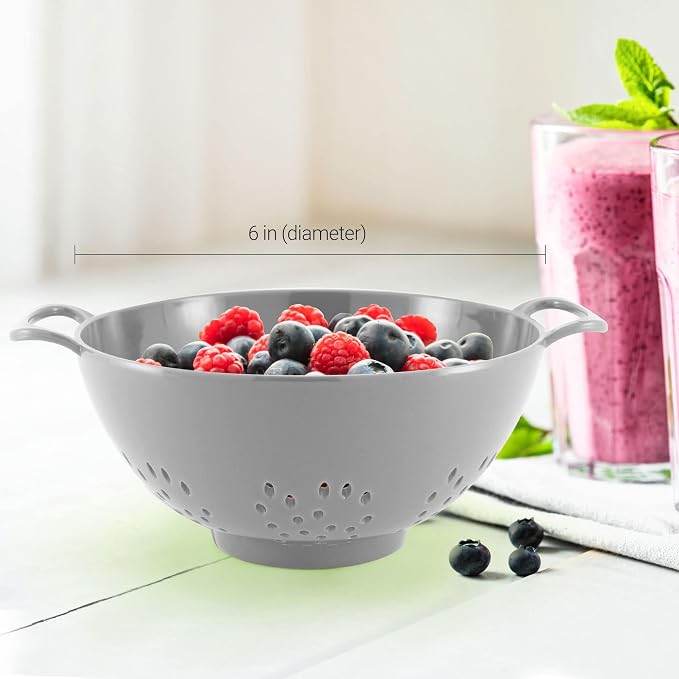 Meadow Lane 6-Inch Small Colander, 3-Cup Food Strainer, Silver Gray | BPA-free, dishwasher-safe mini colander has a wide, shallow bowl, 1/8-inch holes, two handles, ring foot and smooth edges.