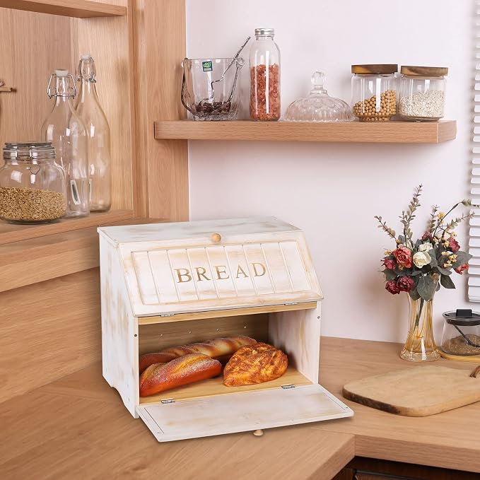 HOMEKOKO Vintage Double Layer Farmhouse Bread Box for Kitchen Counter,White | Keeps Bread Fresh 3-4 Days, 2-Tier Capacity Fits 2+ Loaves,Suitable For Farmhouse/Rustic Kitchens Use, Retro Design