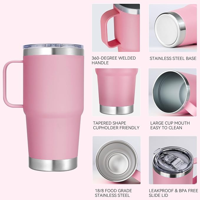 20 oz Stainless Steel Tumbler with Handle Bulk Metal Insulated Tumblers Travel Coffee Mug with Handle Double Wall Tumbler Cup with Lid and Straw, Pink 12 Pack
