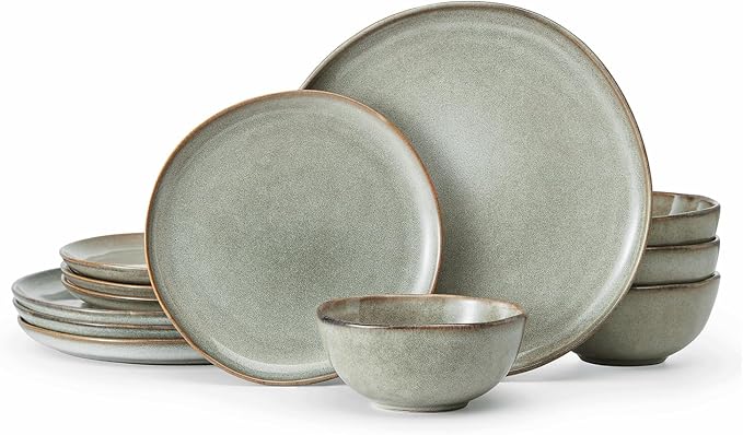Stoneware Dinnerware Sets for 4, Reactive Glaze Plates and Bowls, Grey | 12-Piece Handcrafted Rustic Porcelain Dishes Set, Highly Scratch Resistant, Dishwasher & Microwave Safe