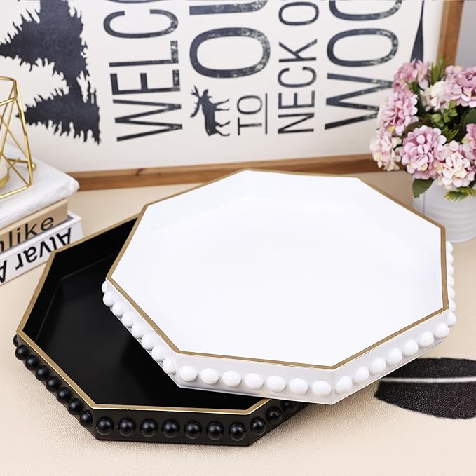 Black Serving Tray for Coffee Table, Octagonal Beaded Plastic Decorative Tray for Ottoman, Kitchen Counter, Living Room, Outdoor Lacquer Tray for Entertaining