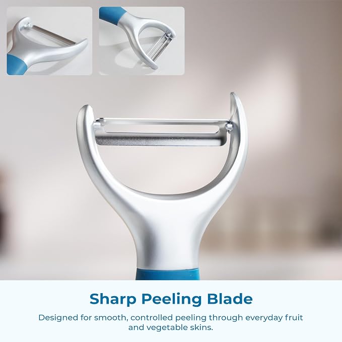 OOU Vegetable Peeler, Stainless Steel Y-Peeler with Sharp Swivel Blade, Premium Zinc Alloy Construction, Ergonomic TPE Non-Slip Grip Handle, Blue