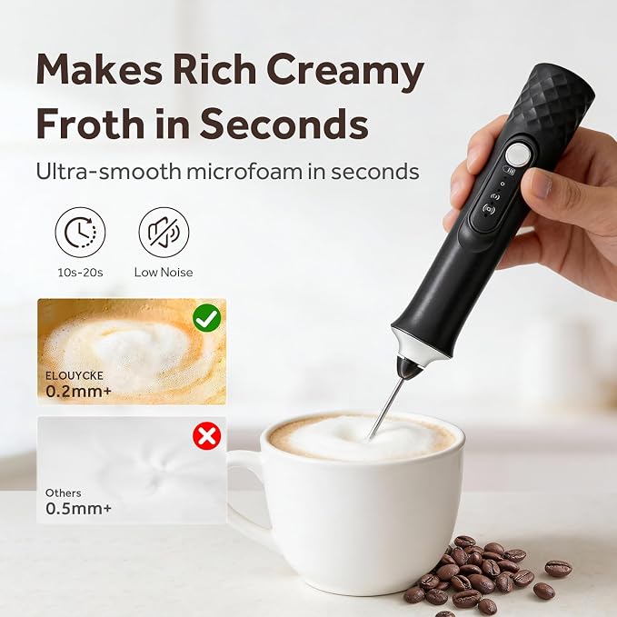 Milk Frother Handheld Rechargeable, Frother Wand Coffee Drink Mixer Electric Whisk 3 Speed Adjustable, Detachable with 3 Stainless Whisks, Hand Mixer for Lattes Cappuccino Hot Chocolate Matcha Egg