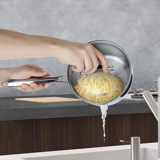 SLOTTET 3.5 Quart Stainless Steel Saucepan with Pour Spout, Tri-Ply Full Body Small Multipurpose Pot with Strainer Glass Lid, 3 Qt Sauce Pan for Cooking with Stay-cool Handle.
