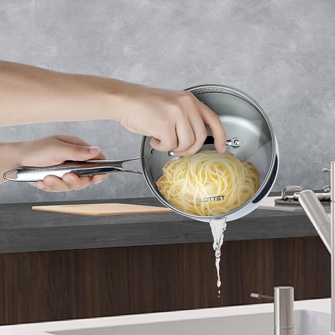 SLOTTET Tri-Ply Whole-Clad Stainless Steel Saucepan with Steamer,2.5 Qt Small Multipurpose Pot with Pour Spout,Strainer Glass Lid, 2 Quart Sauce Pan for Cooking with Stay-cool Handle.