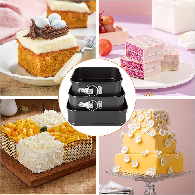 Square Springform Pan Set, 8/9/10 Inch, Nonstick | 3 Pack Cheesecake Pans with Removable Bottom, Carbon Steel Square Cake Pans for Baking Cheesecake, Pizza, Quiche, Desserts