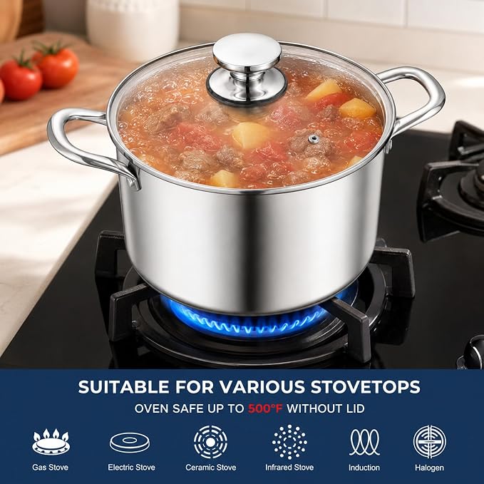 TeamFar 3.5 Quart Stock Pot, Tri-Ply Stainless Steel Pasta Pot with Lid | Cooking Broiling Eggs Veggies Soup, Tempered Glass Lid & Double Side Riveted Handles, Healthy & Heavy Duty, Dishwasher Safe