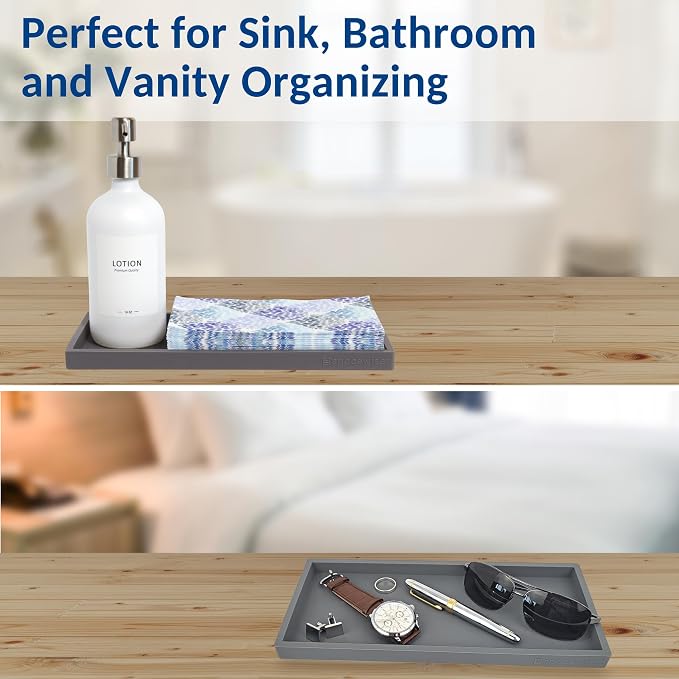 Countertop and Vanity Tray - 11.7" Silicone Bathroom Counter Tray, Dish Soap Trays for Kitchen Counter, Sink Organizer Caddy Accessories, Drawer Toilet Plant Shower Makeup Mat Oil Holder