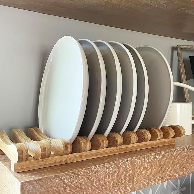 Frcctre Bamboo Dish Drying Rack, 10 Slots Bamboo Cabinet Plate Stand Dish Drainer Wooden Plate Rack Pot Lid Holder Kitchen Dish Plate Storage Organizer for Countertop Cabinet