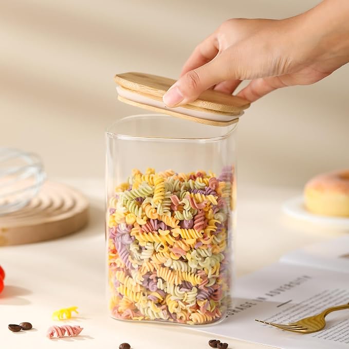 3-Pack Square Glass Jars with Bamboo Lids, 32oz Food Storage | 32oz Airtight Canister Set, Clear Glass Storage Containers with Lids for Candy, Coffee, Tea, Sugar, Flour, Cookies, Spices