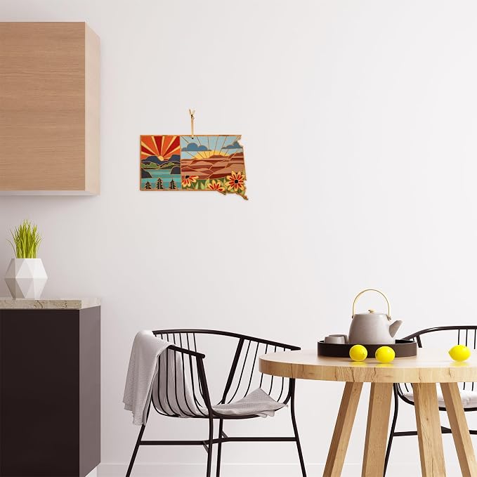 Totally Bamboo South Dakota State Shaped Cutting Board, Summer Stokes Art | State charcuterie board with colorful hand-drawn landscape art. Smooth reverse side for food prep. Hang tie for wall display.