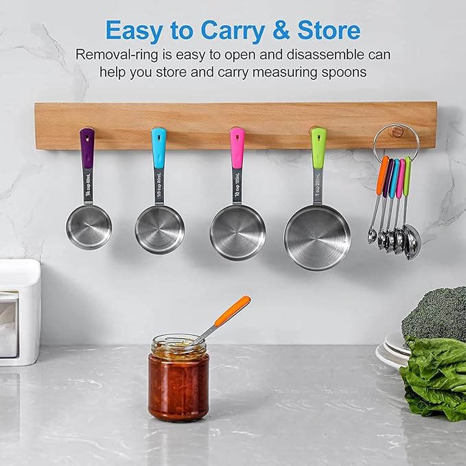 Bopei Measuring Cups and Spoons Set Stainless Steel 11 Piece for Cooking and Baking (6 Cups + 5 Spoons, Colorful Handles)