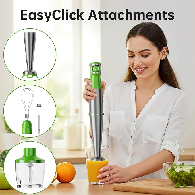 Turelar Immersion Blender Handheld Corded Hand Blenders Set 1100W, Trigger Variable Speed 5 in 1 Stick Emulsifier with Chopper, Whisk and Frother for Soup, Baby Food and Smoothies, Apple Green