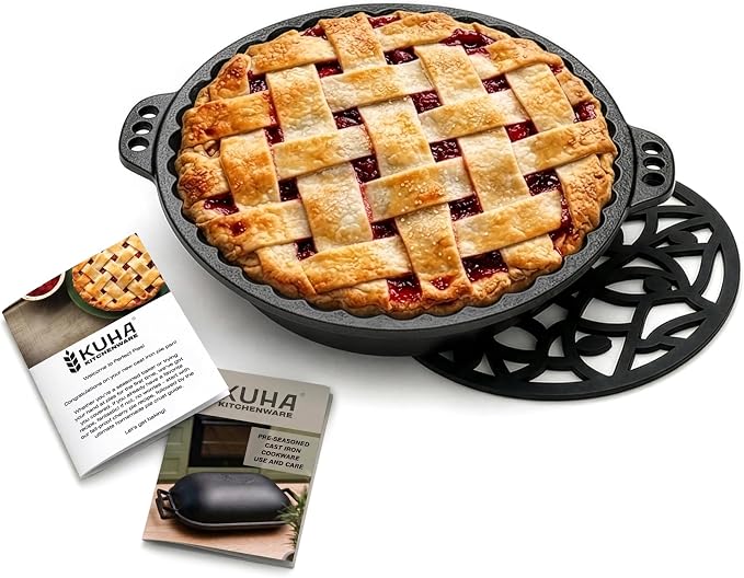 Cast Iron Pie Pan | Pre-Seasoned Round Baking & Serving Dish | 9" | Pan for Apple, Pumpkin & Cherry Pies, Quiche & Tarts | For Baking & Serving | Silicone Trivet Included | 9", 2" Deep