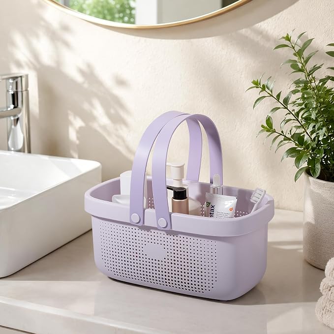 Portable Shower Caddy Basket with Handles Plastic Storage Basket ‌Purple | Sturdy Drainage Large Capacity Organizer Basket with Silicone Handles for Bathroom Kitchen Bedroom College Dorm Essentials