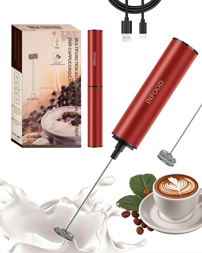 INFOOD Rechargeable Milk Frother with Cover, 2-Speed, 2 Whisks, Red | Stainless Steel Body and Whisks, 2 Detachable Heads, for Lattes, Cappuccinos, Hot Chocolate, and Egg