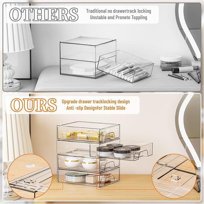 2.2'' Tall Small Clear Stackable Storage Drawers,6 Pack Stacking Acrylic Organizers Drawers for Hair Accessories,Makeup,Pen,Art Crafts,Office Supply Organizer and Desktop Plastic Mini Drawers