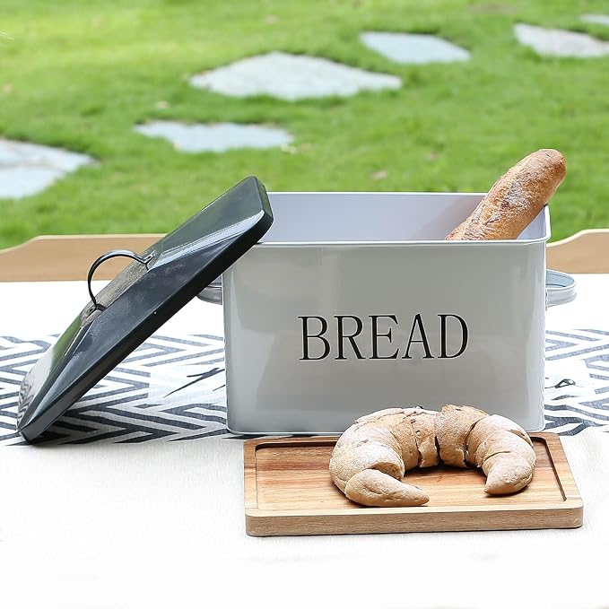 SOTECH Metal Bread Box with Lid for Kitchen Countertop Large Bread Bin kitchen Bread Food Snacks Storage Container Farmhouse BreadBox Grey Lid White Body with Side Handles