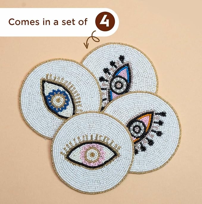 Folkulture Coasters Set of 4 | Beaded Hand-Crafted Evil Eye 2.0 Handmade Boho Drink Coasters for Coffee Table & Bar | Decorative Round Coasters for Cocktails & Wine | House Warming Gift Set