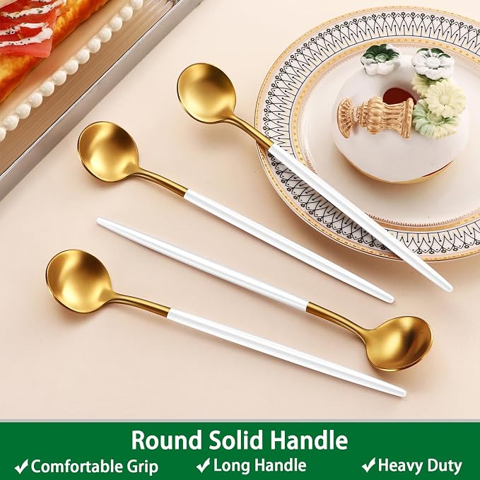 9 Inches Satin Gold Stainless Steel 18/10 Iced Teaspoons With White Handle,Set Of 4 Latte Spoons,Long Handle Coffee Stirring Spoons,Sundae Spoon For Mixing Cocktail Spoon